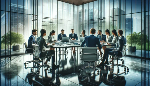 Diverse group of professionals discussing sustainability in a modern office environment, symbolizing ESG investment strategies.